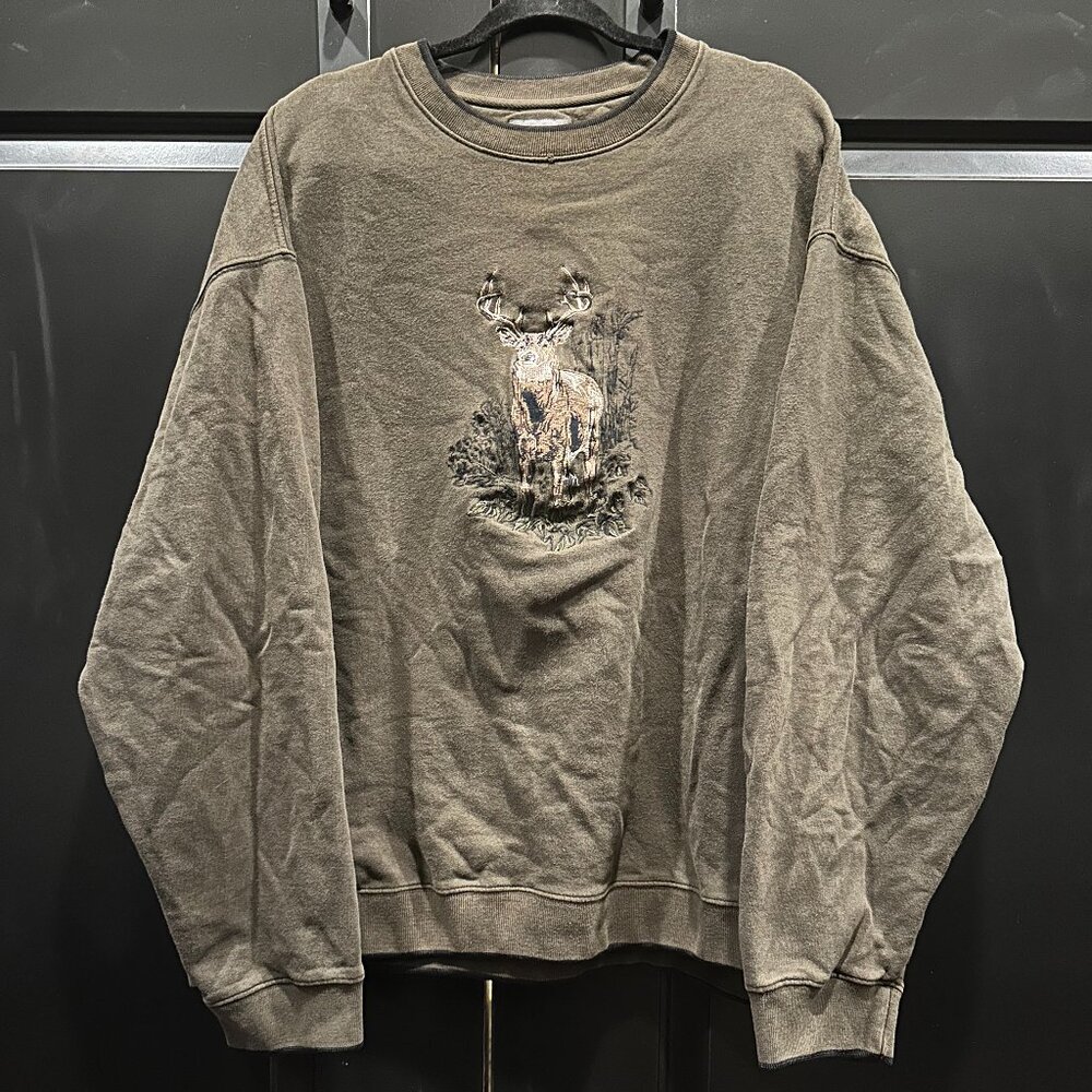 Dark Green Pullover Sweatshirt with Embroidered Deer Design